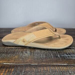 OluKai Tuahine Mens Size 10 Beach Flip Flops Sandals Leather Brown